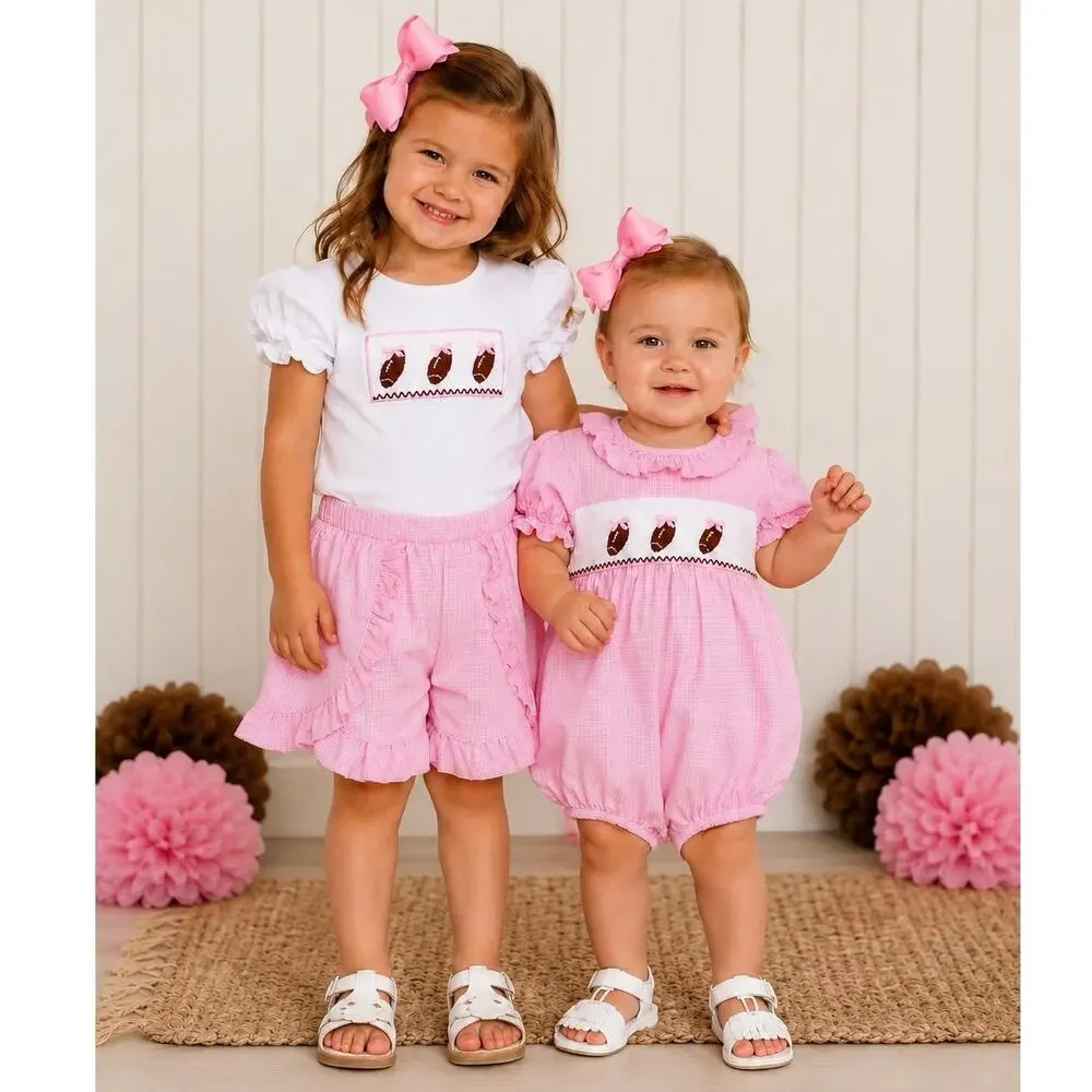 Stitchy Fish Football Sister Set Girls 4T Baby 9M Smocked Pink Gingham Game Day